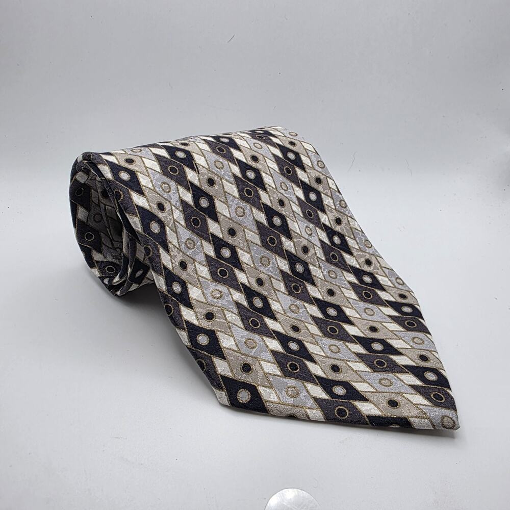 Fratelli Moda Men’s Silk Tie Black Gold Silver Geometric Diamond Made Italy